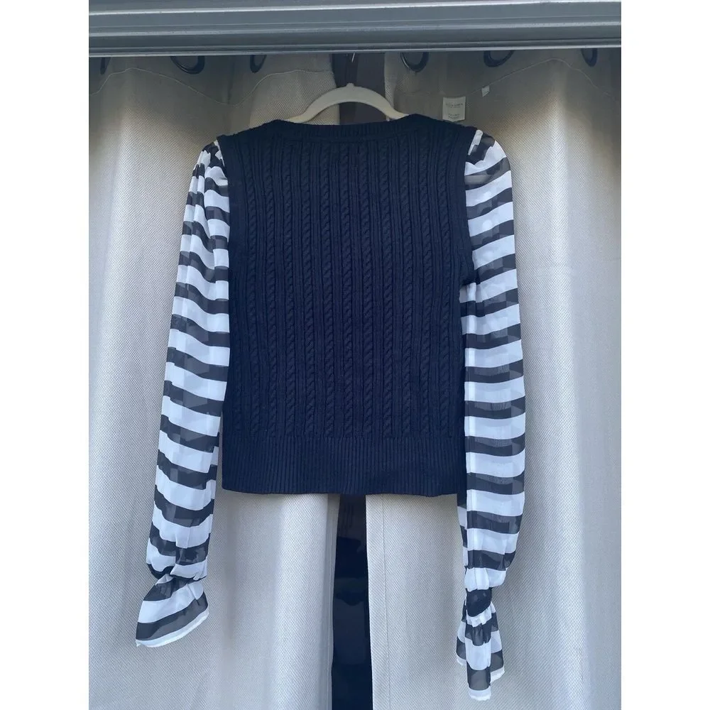 Anthropologie Maeve Small Cableknit Sweater Sheer Black & White Stripe Sleeves - Picture 5 of 7
